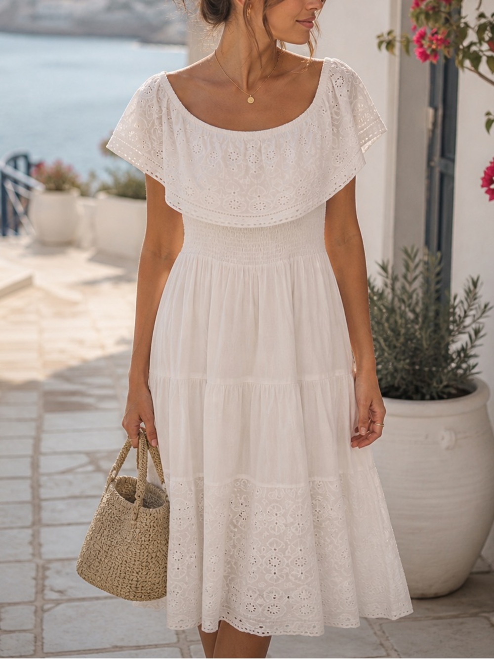 NAOO White Maxi Dress 1X Off-Shoulder Flutter Sleeves Cottagecore Boho Tiered